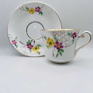 Phoenix China England Teacup Saucer Floral Gold Trim Vintage Bone China Tea Set
